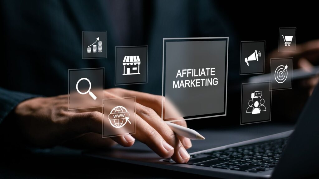 A dynamic visual representation of affiliate marketing in action—highlighting key elements like search, sales, engagement, and digital strategy.